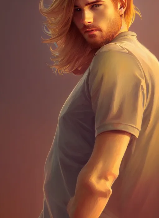 Image similar to handsome young man with shoulder length blond hair, half body shot, path traced, highly detailed, high quality, digital painting, alena aenami, lilia alvarado, shinji aramaki, karol bak, alphonse mucha, tom bagshaw