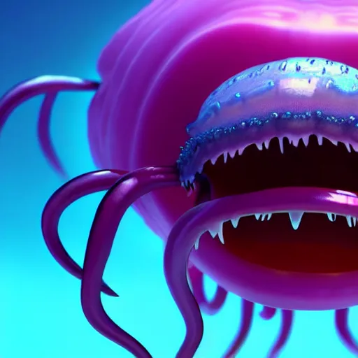 Prompt: a beautiful extreme wide uncropped full body photograph of a super cute jellyfish monster with huge sad eyes and sharp fangs in a wide open mouth, highly detailed, smooth, very very clean, 8 k, cinematic movie photograph, cinematic lighting, octane render, zbrush central contest winner, 3 d maya render