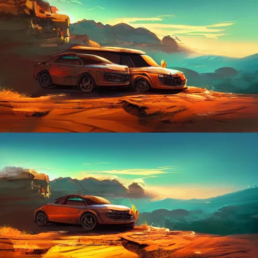 Prompt: post apocalypse scene of two cars parked on a cliff at sunset, computer art, concept art, high detail, warm colors, artstation