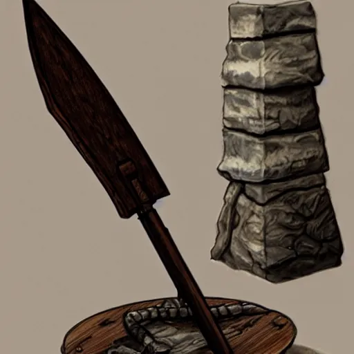 Image similar to a battle axe sitting on a table concept art, by Larry Elmore, realistic, detailed, trending on art station