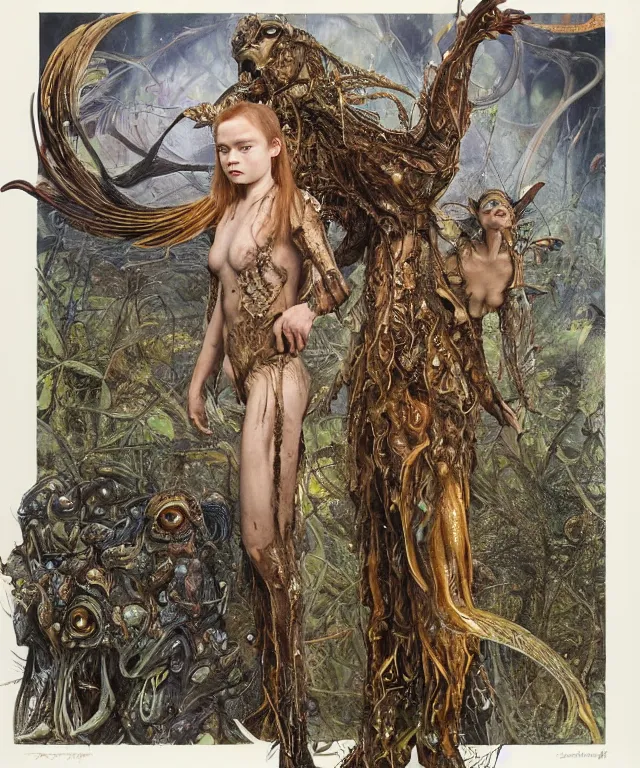 Prompt: a portrait photograph of a fierce sadie sink as an alien harpy queen with slimy amphibian skin. she is trying on evil bulbous slimy organic membrane parasitic catsuit and transforming into a succubus insectoid amphibian. by donato giancola, walton ford, ernst haeckel, brian froud, hr giger. 8 k, cgsociety