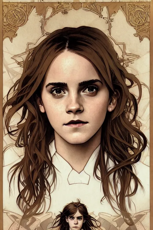 Image similar to Poster artwork, Emma Watson as Hermione Granger, medium shot, details, sharp focus, illustration, by Jordan Grimmer and Alphonse Mucha and greg rutkowski and PiNe(パイネ) and 薯子Imoko and 香川悠作 and maya takamura, intricate, beautiful, Trending artstation, pixiv, digital Art