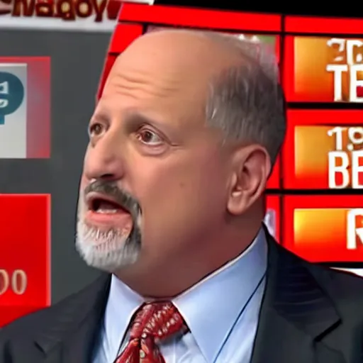 Prompt: Jim Cramer sobbing, stock market crashing in background