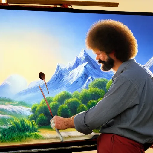 Image similar to a closeup photorealistic photograph of bob ross working on a canvas painting of mickey mouse. film still. brightly lit scene. mountains and trees. this 4 k hd image is trending on artstation, featured on behance, well - rendered, extra crisp, features intricate detail, epic composition and the style of unreal engine.