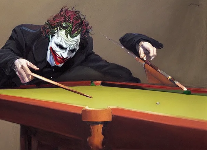 Image similar to a highly detailed beautiful portrait of the joker playing pool, by gregory manchess, james gurney, james jean