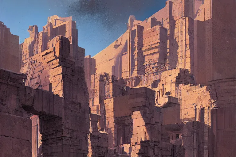 Prompt: an architectural painting of the ruins of an archaic city of ancient persia looming above a canyon by syd mead and and james gilleard in the style of hugh ferriss, ancient persian architrcture by hugh ferriss