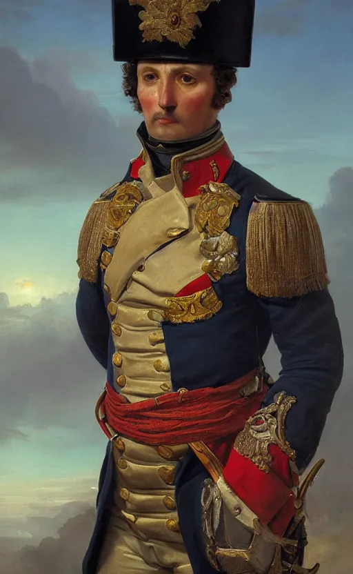 Image similar to Portrait of a napoleonic army officer overlooking a tropical island, male, detailed face, 19th century, highly detailed, cinematic lighting, digital art painting by greg rutkowski
