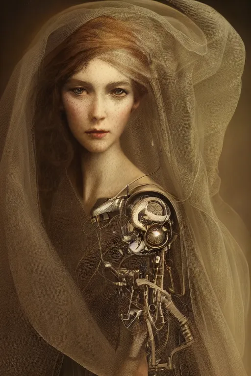 Prompt: a beautiful ultradetailed vintage photo of a veiled cyborg, by tom bagshaw and anna dittman, embroidered lace chapel veil, portrait, vignette, 3 5 mm lens, golden ratio composition, detailed face, studio photography, very detailed, humanoids, industrial robots, artstation, 8 k, highly coherent