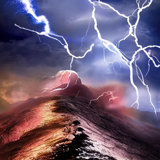 Image similar to two spinning tops clashing atop a mountain, sparks, lightning storm, dramatic lighting, digital art, 8 k, trending on artstation,