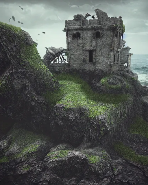 Prompt: the ruins of a castle on an island, taken back by nature. dark stormy sea. intricate artwork by tooth wu and wlop and beeple. octane render, hyper realism, 8 k