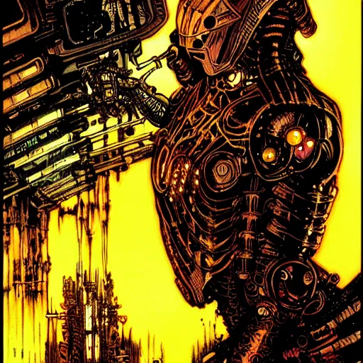 Image similar to cyberpunk knight, atmospheric lighting, painted, intricate, golden hour, ultra detailed by philippe druillet