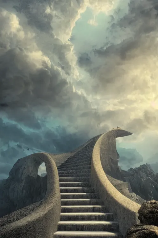 Image similar to infinite stairs rising to the heaven in the middle of the sky, concept art, octane render, unreal engine 5, digital painting, hyperrealistic, highly detailed, high quality, 8 k hdr, digital art, clouds in the sky, breathtaking view, path traced, god, godrays, beautiful, elegant, harmonious, complementary colors, natural lighting