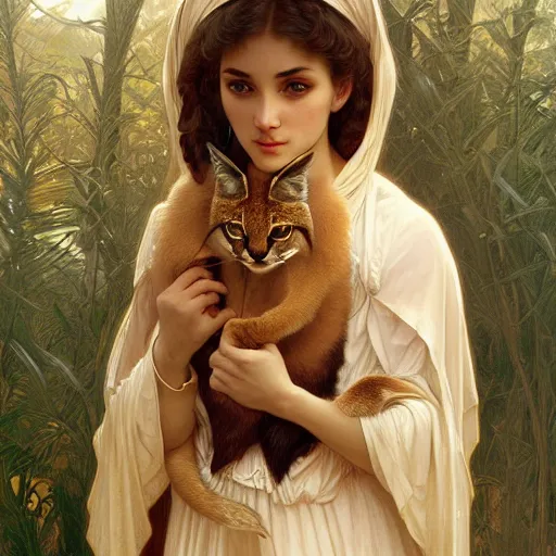 Image similar to portrait of a cute caracal, full body, intricate, elegant, highly detailed, digital painting, artstation, concept art, smooth, sharp focus, illustration, art by artgerm and greg rutkowski and alphonse mucha and william - adolphe bouguereau