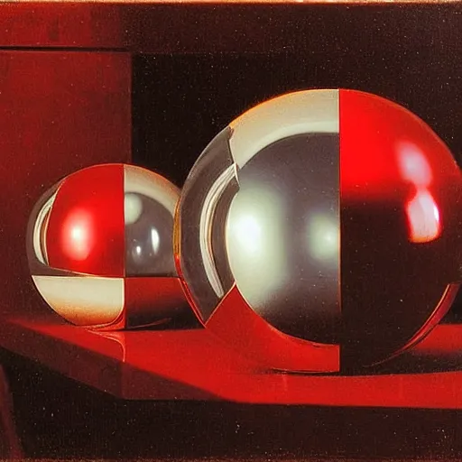 Prompt: chrome spheres on a red cube by paul delaroche