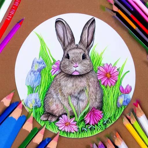 Image similar to fluffy tan lop eared bunny rabbit surrounded by colorful flowers detailed color pencil drawing 4 k