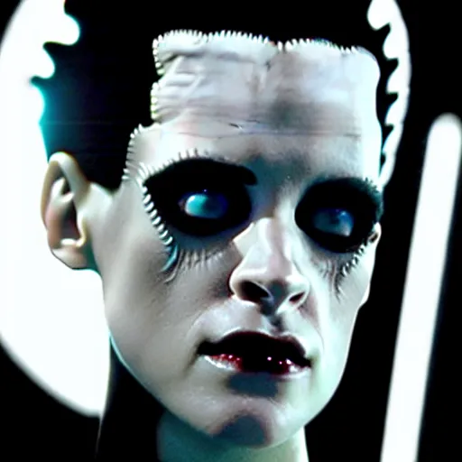 Image similar to cinematic portrait of kristen mcmenamy as bride of frankenstein as a replicant in a busy nightclub, surprised, still from the movie ex machina, fashion photography, a sign is in the background, 8 k, high detail, face in focus