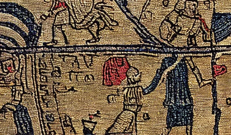 Image similar to Flying saucer on the bayeux tapestry, medieval style