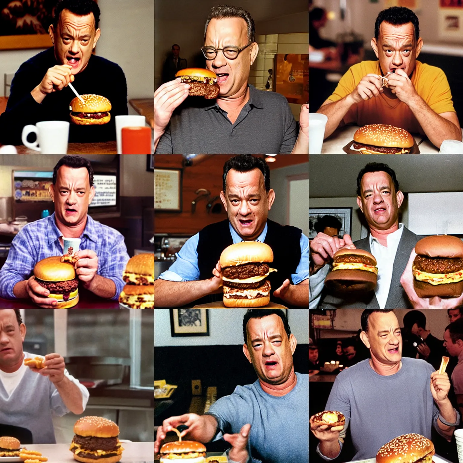 Prompt: the most embarrassing photo of tom hanks eating a double quarter pounder