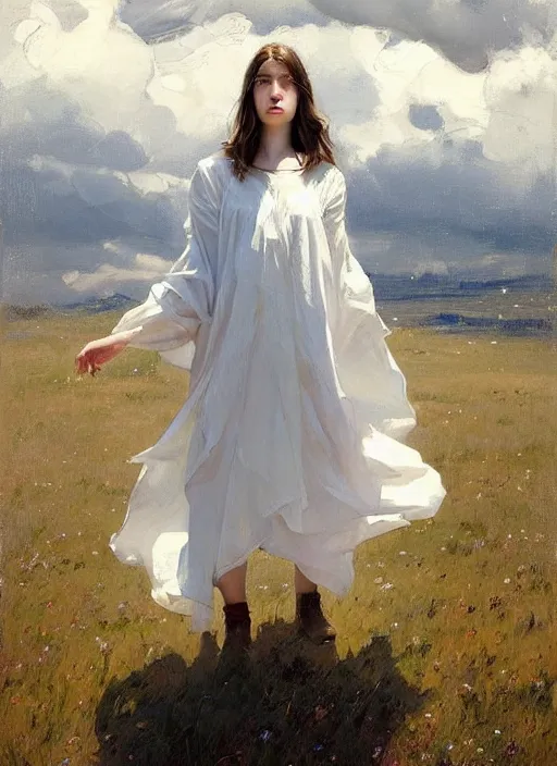 Prompt: portrait of a girl dressed in white clothes chasing flying whales, countryside, calm, fantasy character portrait, dynamic pose, above view, sunny day, thunder clouds in the sky, artwork by Jeremy Lipkin and Giuseppe Dangelico Pino and Michael Garmash and Rob Rey, very coherent asymmetrical artwork, sharp edges, perfect face, simple form, 100mm