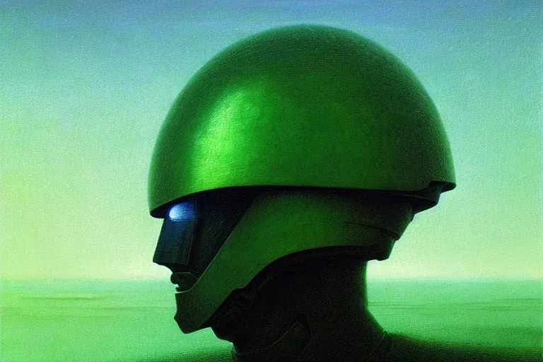 Image similar to futuristic helmet of a future soldier, in the style of beksinski, solarpunk, atmospheric, clean, intricate and epic composition, green by caravaggio, insanely quality, highly detailed, masterpiece, blue light, artstation, 4 k