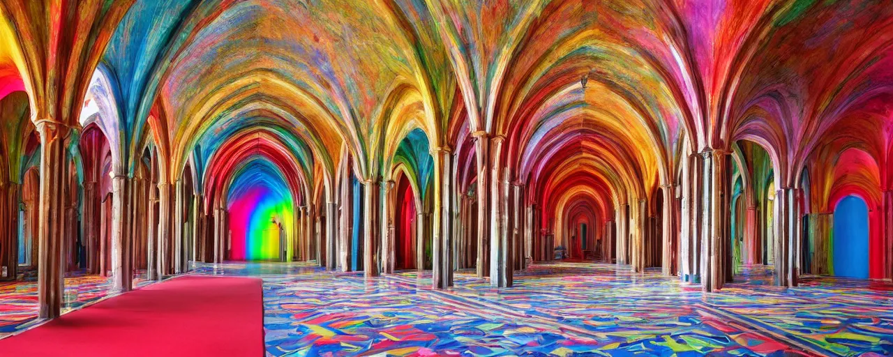 Prompt: Colorful Brutalism Gothic Castle interior and rooms with red carpet flooring and greek architecture arches. Rainbow colors shine through the halls.