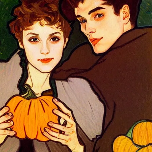 Prompt: painting of handsome young delicate beautiful jeffrey in his 2 0 s with brown hair and gorgeous rina together at the jack o'lantern halloween party holding pumpkins, elegant, clear, painting, stylized, art, art by alphonse mucha, vincent van gogh, egon schiele,