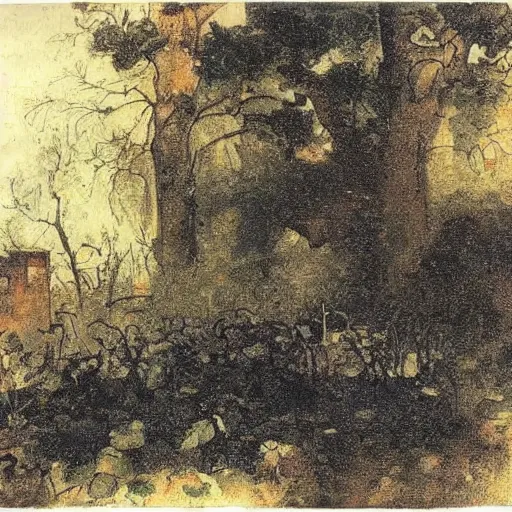 Prompt: an english garden is in flames. there is destruction. john sell cotman