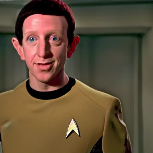 Prompt: mark zukerberg as Data from Star Trek wearing a hello kitty t-shirt, movie still from Star Trek