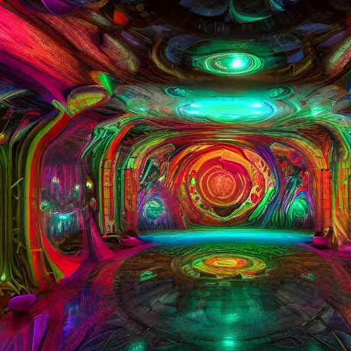 Image similar to underground cinema, realistic architecture, colorfull lights, octane render, 4k, 8k, fractals, psychedelic