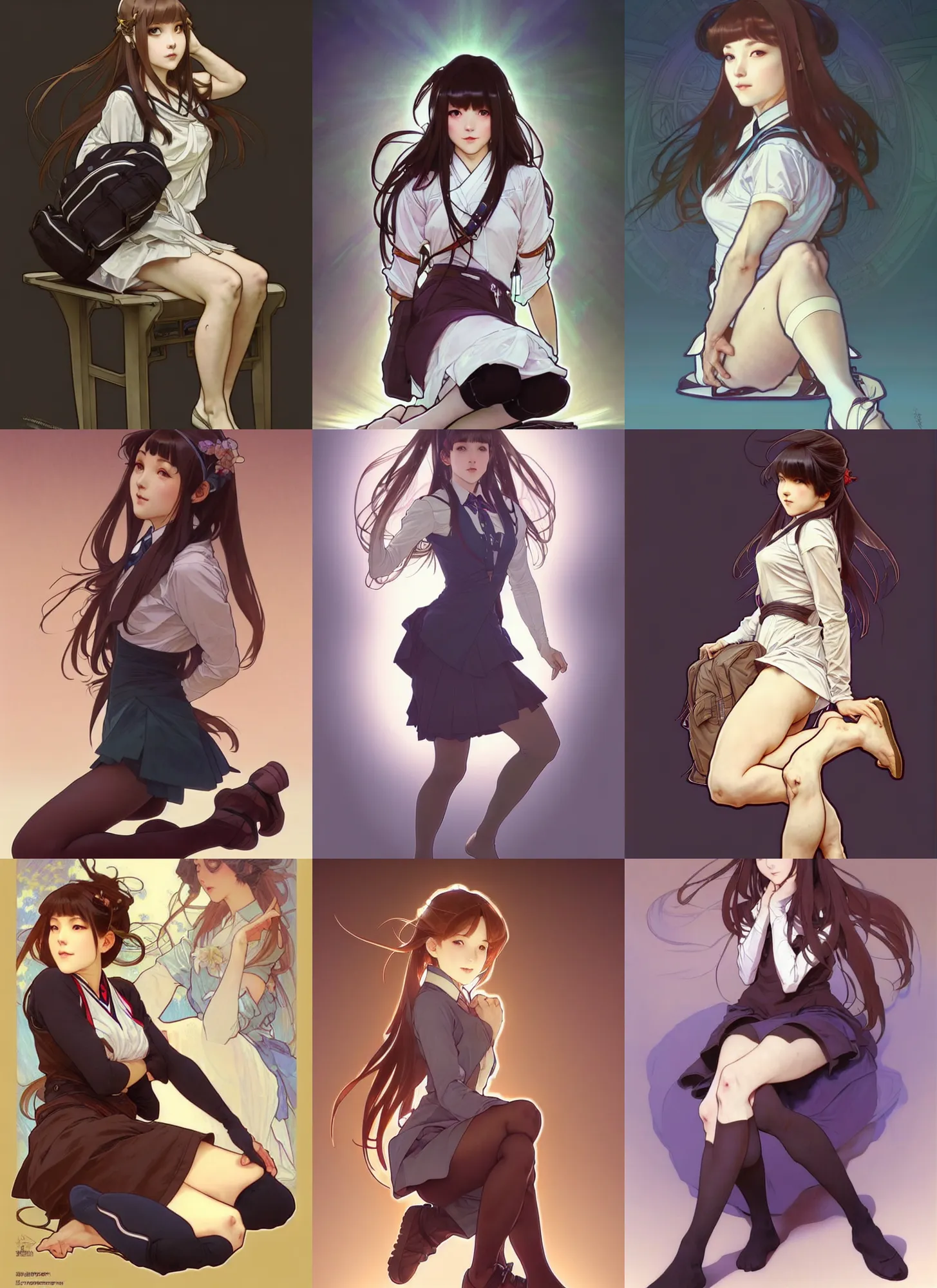 Image similar to a digital concept art by artgerm and greg rutkowski and alphonse mucha. full body!! clear portrait of a squatting attractive japanese school girl in uniform!! sit on floor!! knee length stockings ， school bag, light effect. hyper detailed, character concept, glowing lights!! intricate, elegant, digital painting, artstation, smooth, sharp focus