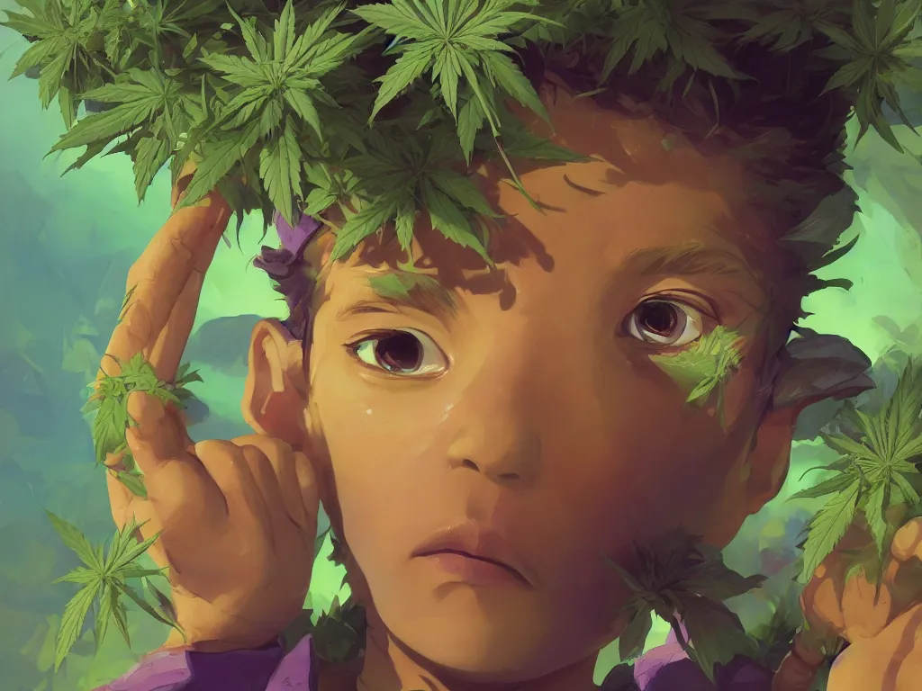 Image similar to kid with green purple flowers of marijuana hemp cannabis, behance hd by jesper ejsing, by rhads, makoto shinkai and lois van baarle, ilya kuvshinov, rossdraws global illumination, golden ratio, symmetrical beauty face