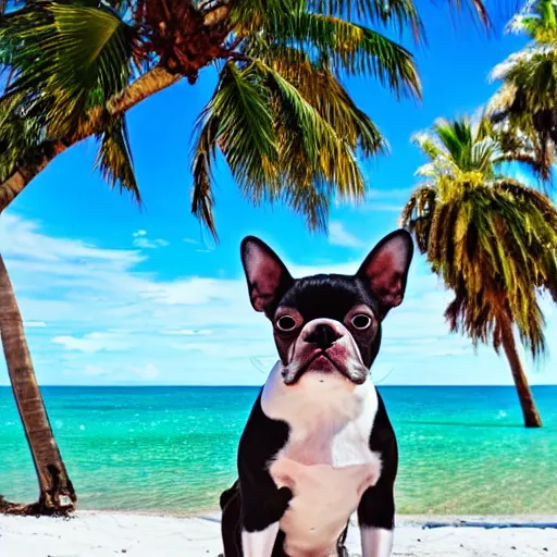 Prompt: Boston Terrier sitting on a beach on a sunny day, sky is blue, palm trees are on the beach