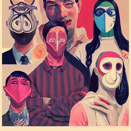 Image similar to Fashion weak portrait of people with sanitary mask, Tristan Eaton, artgerm, Victo Ngai, RHADS, ross draws