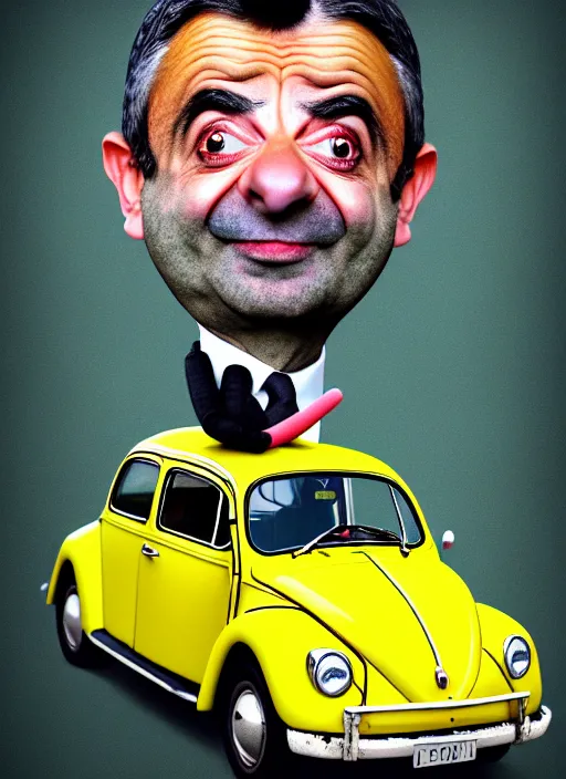 Image similar to hyper detailed 3d render like a Oil painting muted colors - slightly silly portrait of Rowan Atkinson cross eyed as Mr. Bean atop his yellow beetle in Aurora seen tickling of the Strangling network of yellowcake aerochrome and milky Fruit and Her delicate Hands hold of gossamer polyp blossoms bring iridescent fungal flowers whose spores black the foolish stars by Jacek Yerka, Mariusz Lewandowski, Houdini algorithmic generative render, Abstract brush strokes, Masterpiece, Edward Hopper and James Gilleard, Zdzislaw Beksinski, Nicoletta Ceccoli, Wolfgang Lettl, hints of Yayoi Kasuma, octane render, 8k