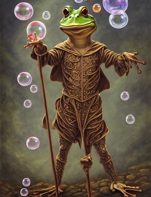 Image similar to anthropomorphic bipedal frog that is dressed as a renaissance fighter, and holding a staff, as a matte oil painting and d & d character art, by alex grey, standing, fullbody, floating bubbles, mystic, fog, fractals, spirals, concept art, award - winning, extremely detailed, sharp focus