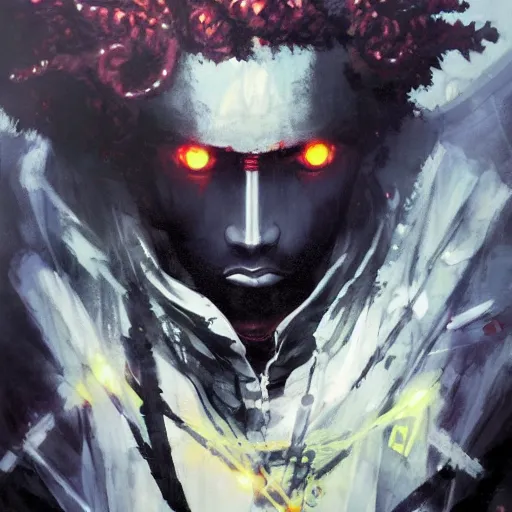 Prompt: afro samurai with robotic eyes in a dark fantasy cynerpunk style by greg rutkowski and android jones, oil on canvas, blacklight color scheme