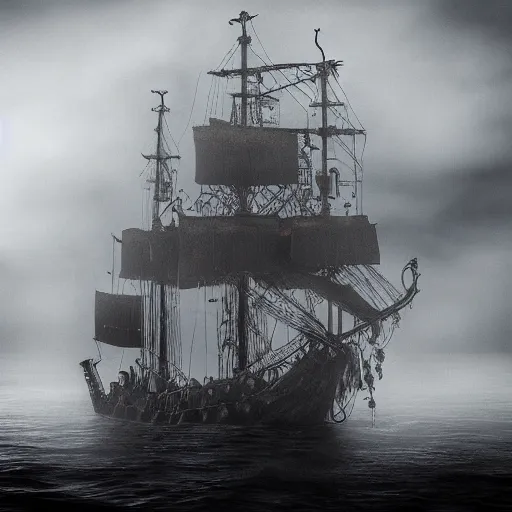 Image similar to an ornate pirate ship sailing out of thick fog on a moonlit night, 4 k, ultra realistic photo