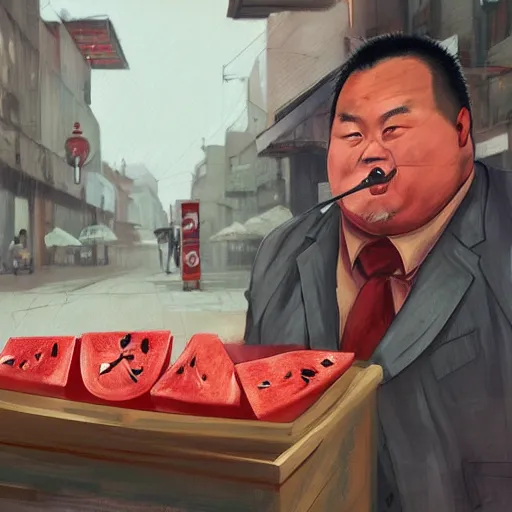 Image similar to near the street, a pockmarked Chinese fat guy,sitting behind a watermelon stall , with a cigarette in his mouth, looked at you contemptuously,digital art,trending on artstation.