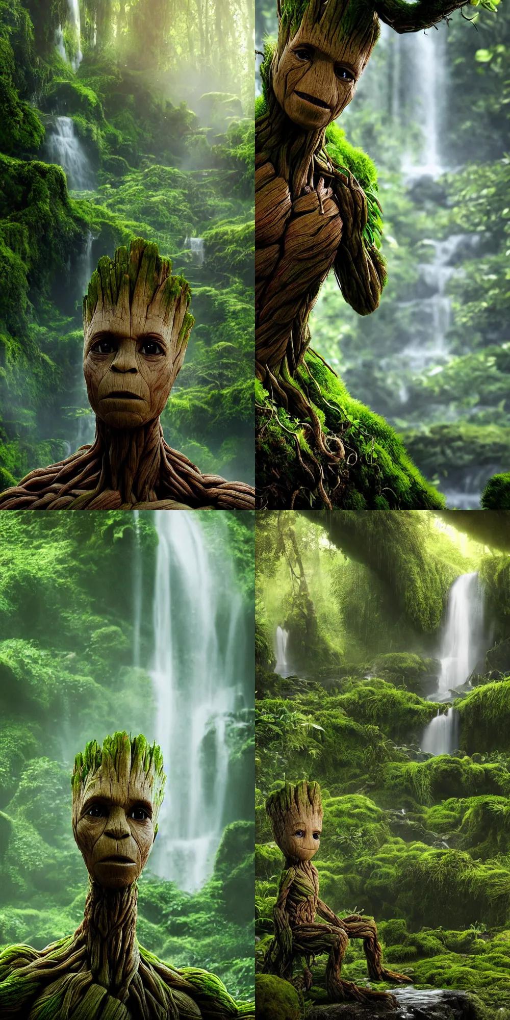 Image similar to photorealistic wide shot focus portrait of Groot posing, under waterfall, jungle, green moss, bokeh, octane render, unreal engine 4k, volumetric lighting, mist, twilight, detailed