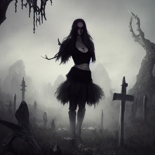 Image similar to kerli koiv the craft mini skirt crop top standing in cemetery, gothic, darkwave, darksynth, concept art, sharp, digital matte painting, art by greg rutkowski, wlop, dramatic lighting, trending on artstation