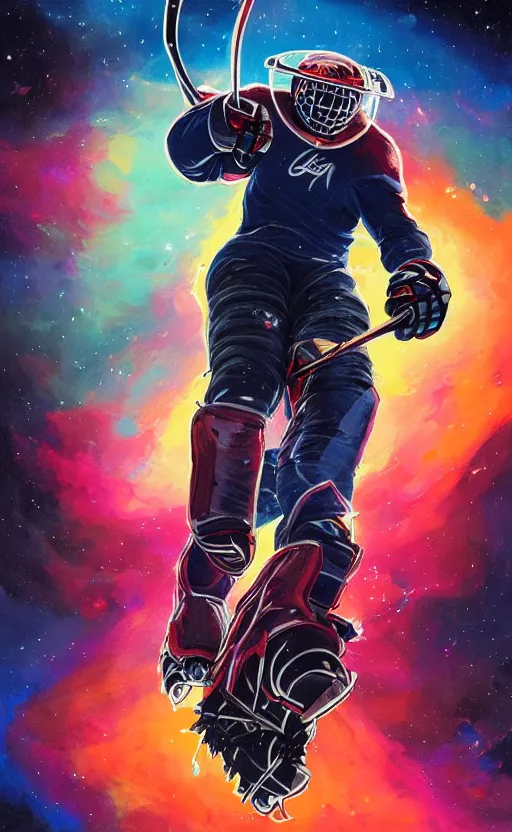 Prompt: a beautiful artwork illustration, hockey player riding through a galactic nebula, high contrast, high contrast, high contrast, vibrant colors, vivid colors, high saturation, by Greg Rutkowski and Jesper Ejsing and Raymond Swanland, featured on artstation, wide angle, vertical orientation