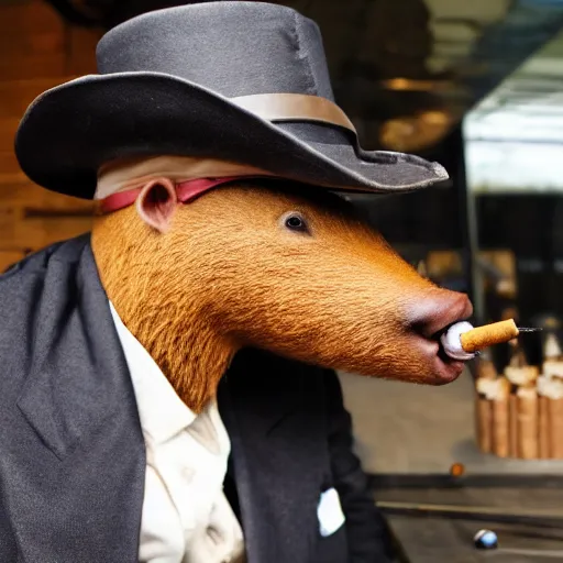 Image similar to smoking cigar, a man wearing a suit capybara head wearing a hat (smoking cigar)