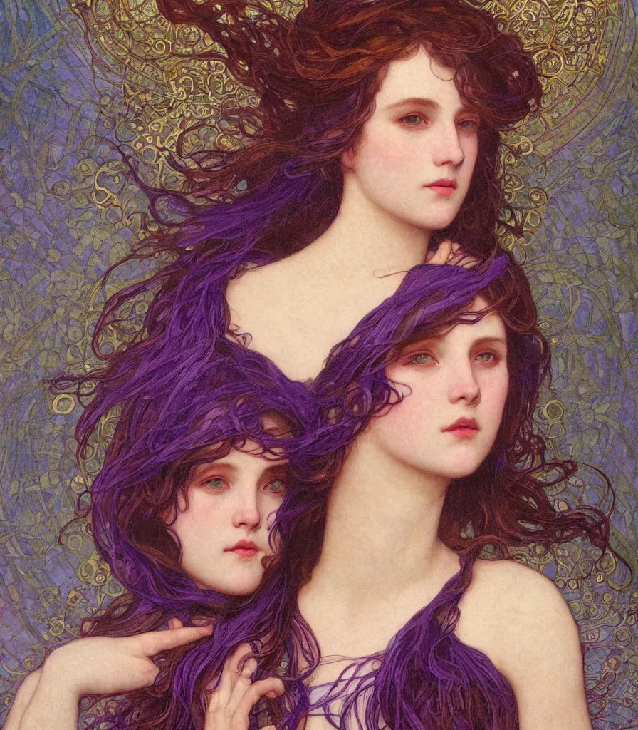 Image similar to purple, character portrait of purple energy, by waterhouse, by mucha, lean face, symmetrical face, face symmetry, cinematic lighting, beautiful, elegant, oil painting, cinematic, portrait, raphaelite, trending on artstation, intricate background