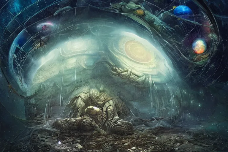 Image similar to Esao Andrews, scifi nightscape, planets, hyperrealistic surrealism, award winning masterpiece with incredible details, epic stunning, physically accurate, moody dynamic lighting, very very intricate, very very elegant, highly detailed, infinity concentric pool, a surreal vaporwave liminal space,very clear view, no grain, highly detailed, trending on ArtStation, artgerm and greg rutkowski and alphonse mucha, daily deviation, IAMAG, skinny swords can smoke for days and days in the slow market, calming, meditative