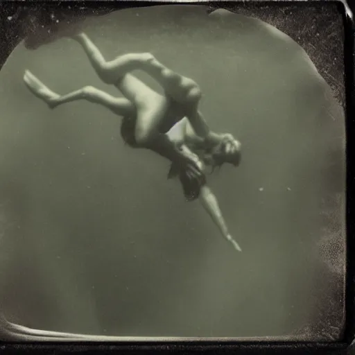 Image similar to tintype photo, swimming deep underwater, alien