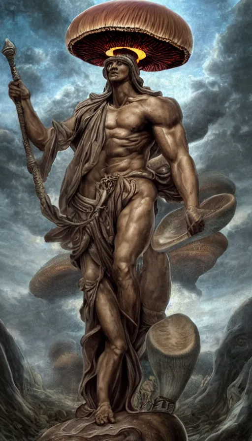 Image similar to a masterpiece hyperdetailed dnd tarot card, magnificent mushroom deity as depicted in a colossal greek marble statue ( with godlike bodybuilder physique ), hd tarot card depicting monumental statue of a mushroom god with cute large mushroom hat, hdr, 8 k, artstationhq, digital art by greg rutkowski and wayne barlowe