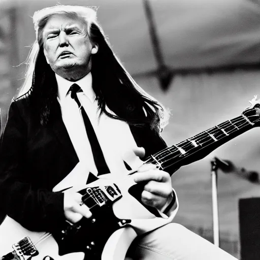 Prompt: donald trump at a concert playing guitar, long hair, heavy metal, black and white, kodak portra 4 0 0 color negative film