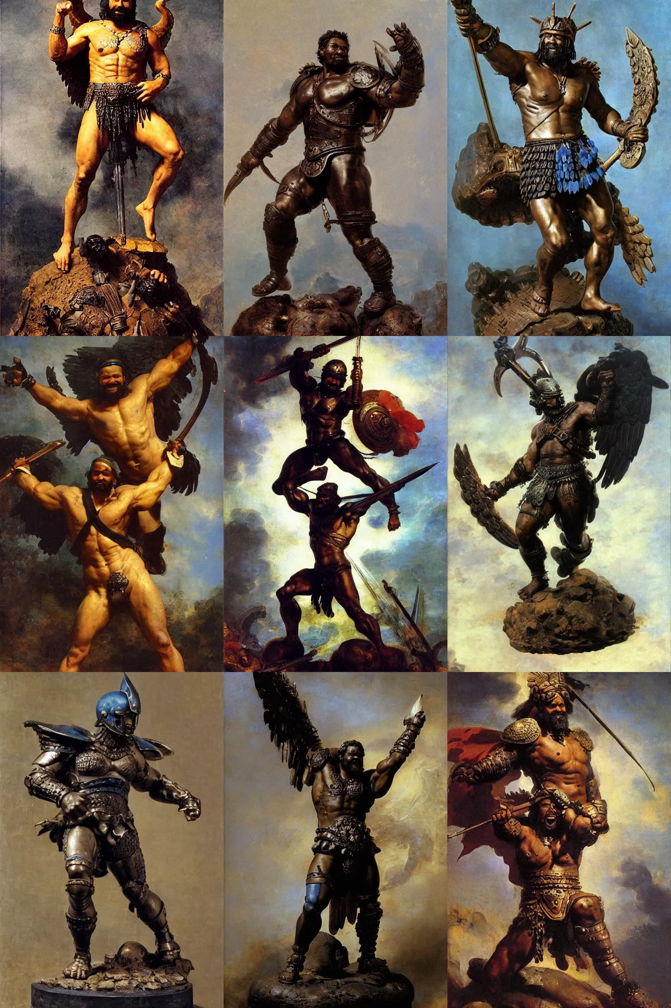 Prompt: friendly, smiling spartan, black skin. Oily muscles. long thick black beard. Big smile. Eagle wings. Intricate Bronze armour with large blue gems. Masterwork oil painting. Action pose. By Rembrandt. By Frank Frazetta.