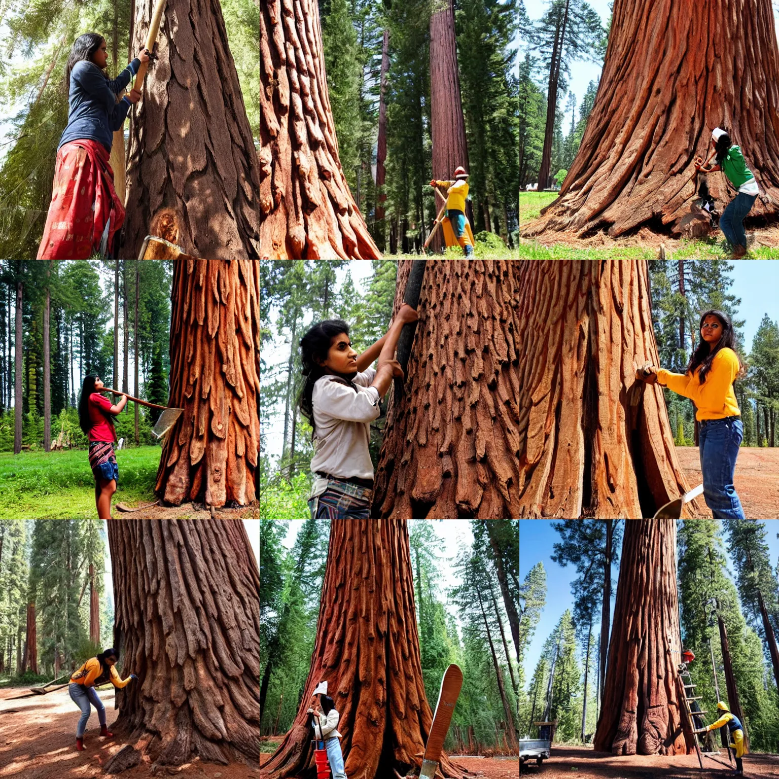 Prompt: A young Indian woman lumberjack chopping a giant Sequoia tree using an axe