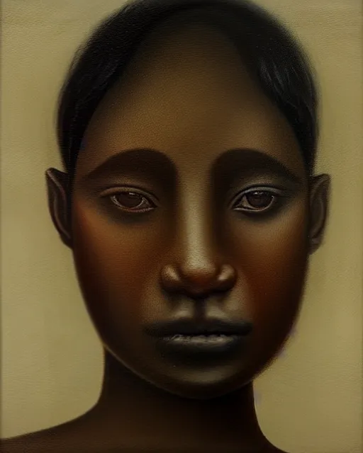 Image similar to a close up portrait a very ordinary young woman with an blank expression, by sarah moon, very dark skin, very blurry, translucent skin, foggy, oil painting, photorealistic, anatomically correct, beautiful perfect face, visible brushstrokes, sharp focus, highly detailed, cinematic lighting, 8 k, hd